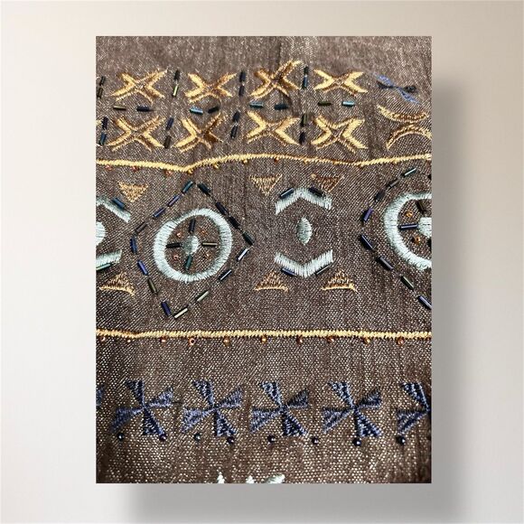 Coldwater Creek W18 Brown Embroidered Beaded Jacket Boho Artsy Open Front Blazer - Picture 5 of 8